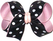 Medium Black with White Dots over Light Pink with Ballet Slipper Miniature Double Layer Overlay Bow